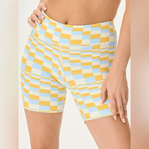 NWT Outdoor Voices TechSweat 6’’ Checkered Bike Shorts in Blue/Yellow Size XS